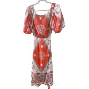 NWT Antonio Melani Orange Linen Akira Midi Tie Back Dress Size 12 Puff Sleeves